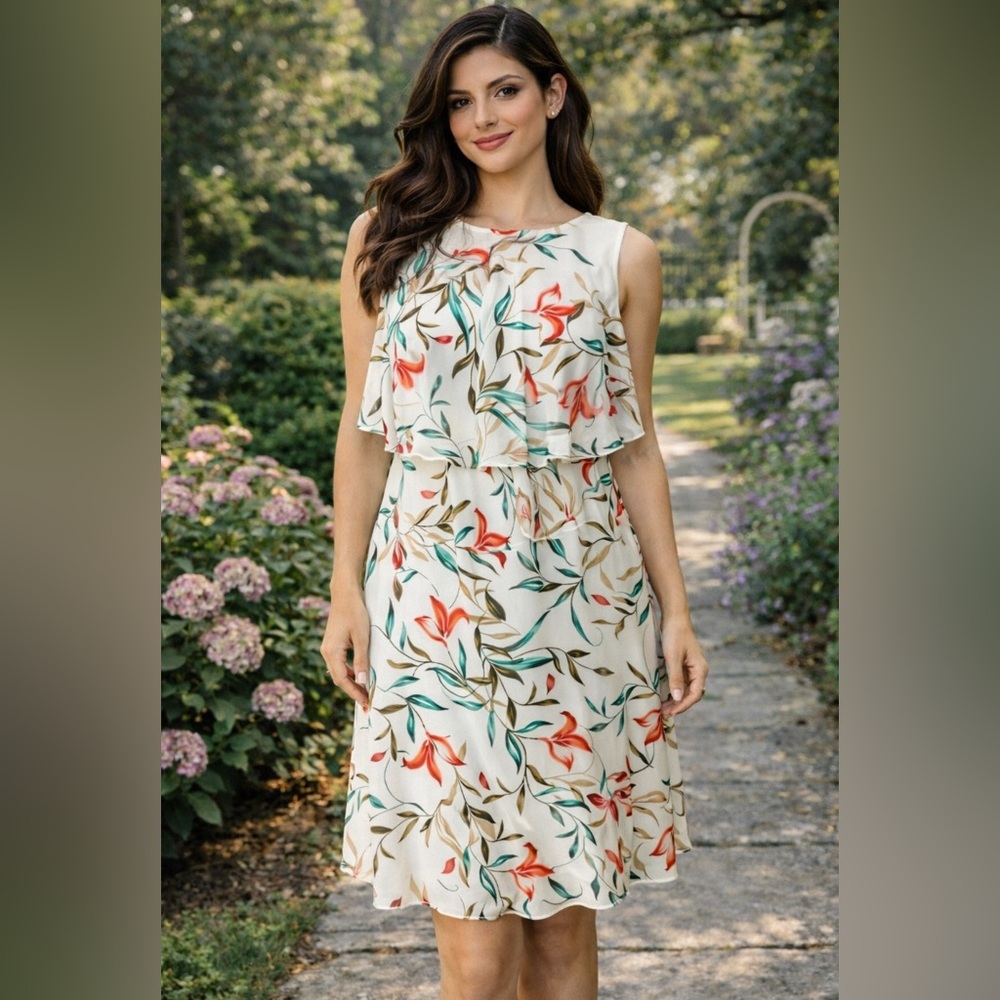 American Living Ralph Lauren Dress Ivory Floral 14 A Line Stretch Washable Flowy